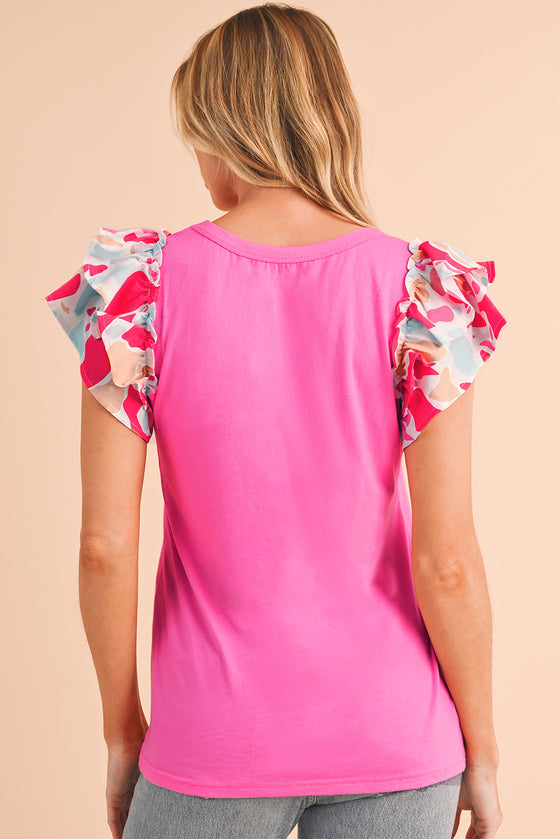 Bonbon V Neck Ruffle Floral Sleeve T Shirt