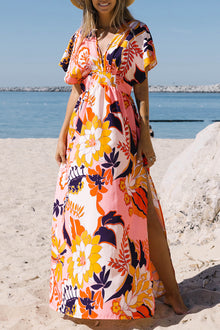  Orange Floral Print Plunge Neckline Flutter Sleeve Maxi Dress