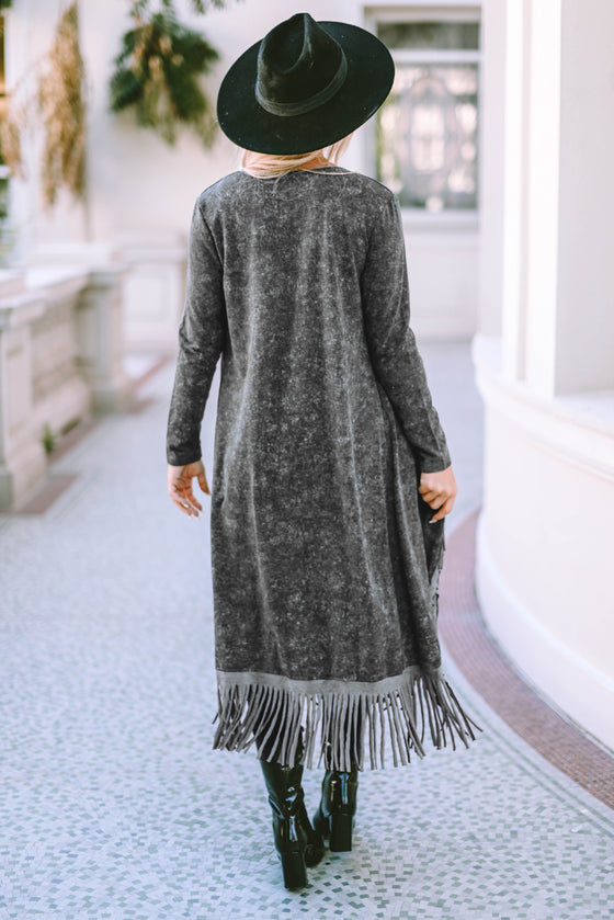 Black Mineral Washed Tassel Open Front Long Cardigan