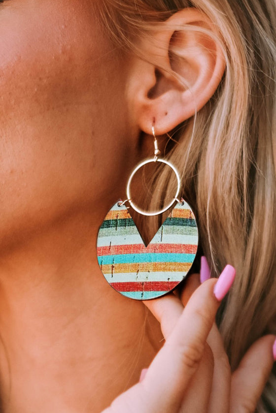 Multicolor Rainbow Stripe Pattern Wooden Pendant Hook Earrings