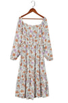 Multicolor Floral Print Smocked Pocketed Flared Midi Dress