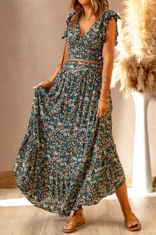  Ditsy Floral Print Ruffled Crop Top & Flounce Hem Maxi Skirt Set