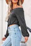 Gray Ribbed Off-Shoulder Balloon Sleeve Top