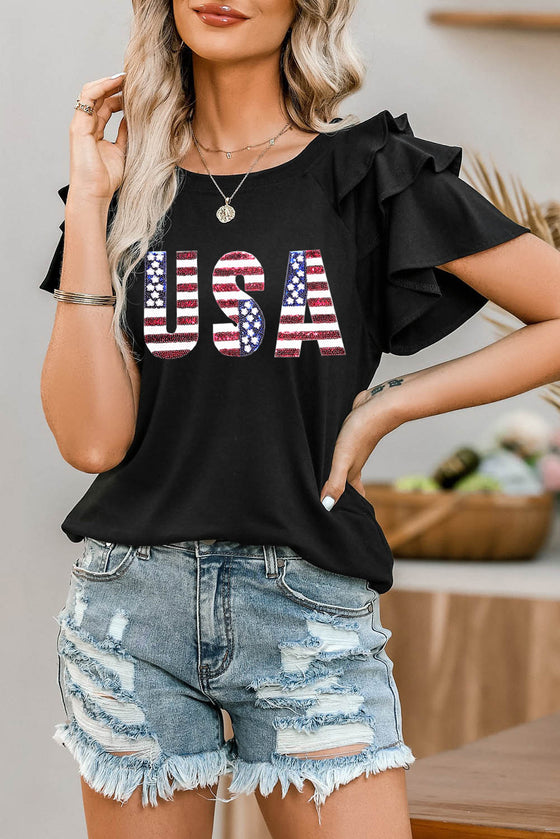 Black Sequined USA Graphic T-Shirt