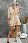 Beige Lacy V Neck Ruffled Mini Dress