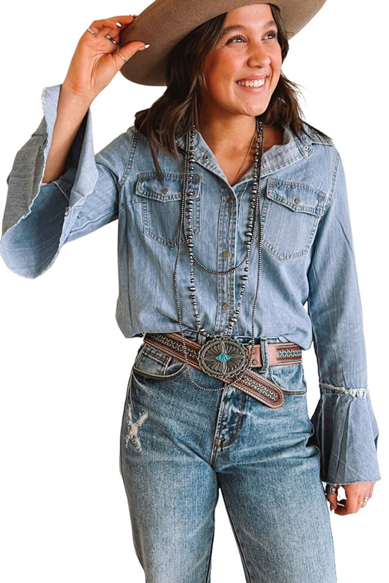 Sky Blue Bell Sleeve Denim Shacket with Chest Pockets