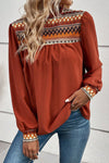 Burnt Orange Geometric Frilled Neck Puff Sleeve Blouse