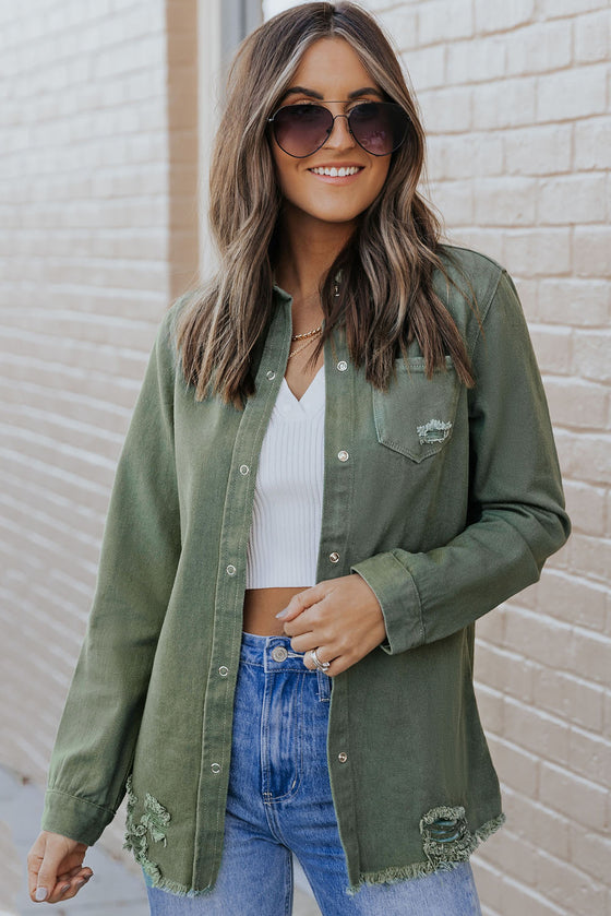 Black Ripped Raw Hem Button Up Denim Shacket