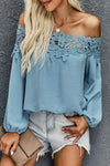 Light Blue Casual Blooming Lace Off The Shoulder Blouse Top