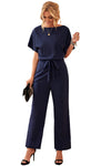 Dark Blue Solid Color Casual Belted Wide Leg Jumpsuit