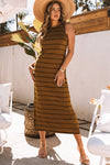 Black Stripe Print Open Back Sleeveless Maxi Dress With Slits