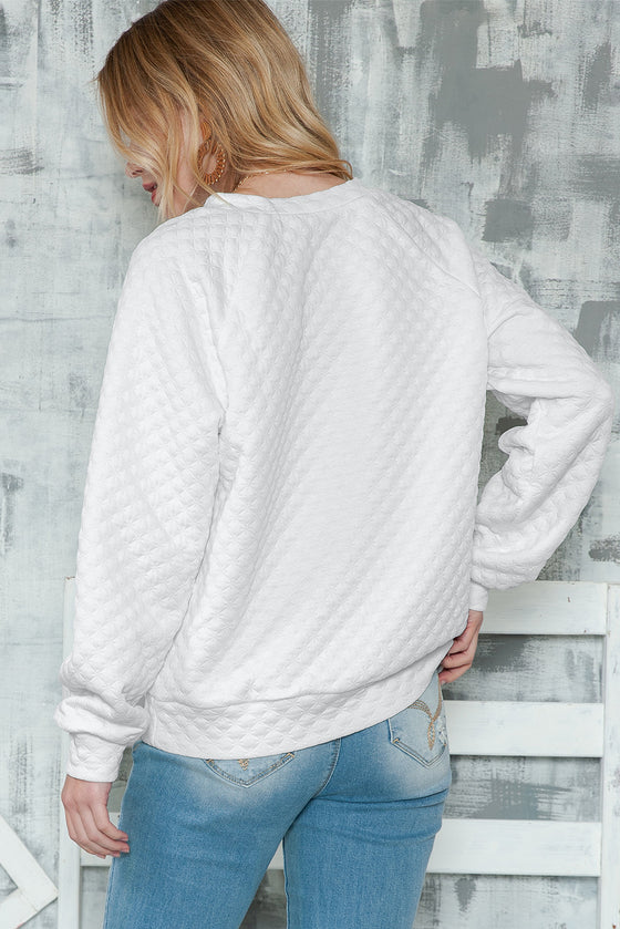 White Quilted V-Neck Solid Color Long Sleeve Top | Available in 4 Colors