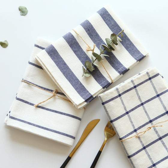 Cotton Striped or Plaid Napkin in Denim and Ivory