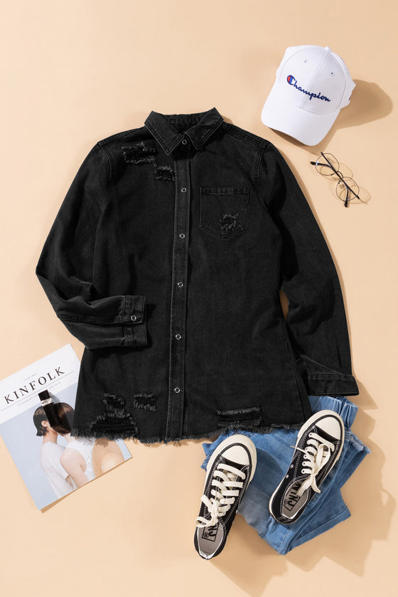 Black Ripped Raw Hem Button Up Denim Shacket