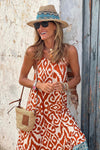 Orange Boho Geometric Print Sleeveless Maxi Dress