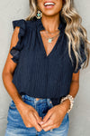 Navy Blue V Neck Flutter Shoulder Textured Blouse | Available in 2 Colors