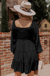 Black Puff Sleeve Smocked Tiered Short Dress