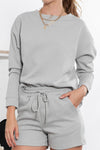 Gray Textured Long Sleeve Top & Drawstring Shorts Set | Available in Other Colors