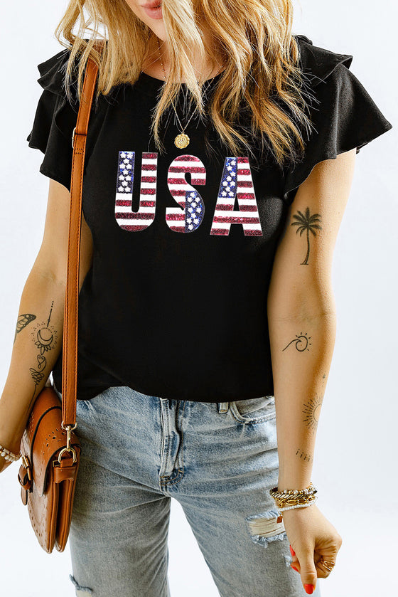 Black Sequined USA Graphic T-Shirt