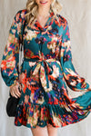 Abstract Print Waist Belted Long Sleeve Dress | Other Colors Available