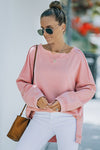 Pink Casual Frayed Trim Side Slit Loose Sweatshirt