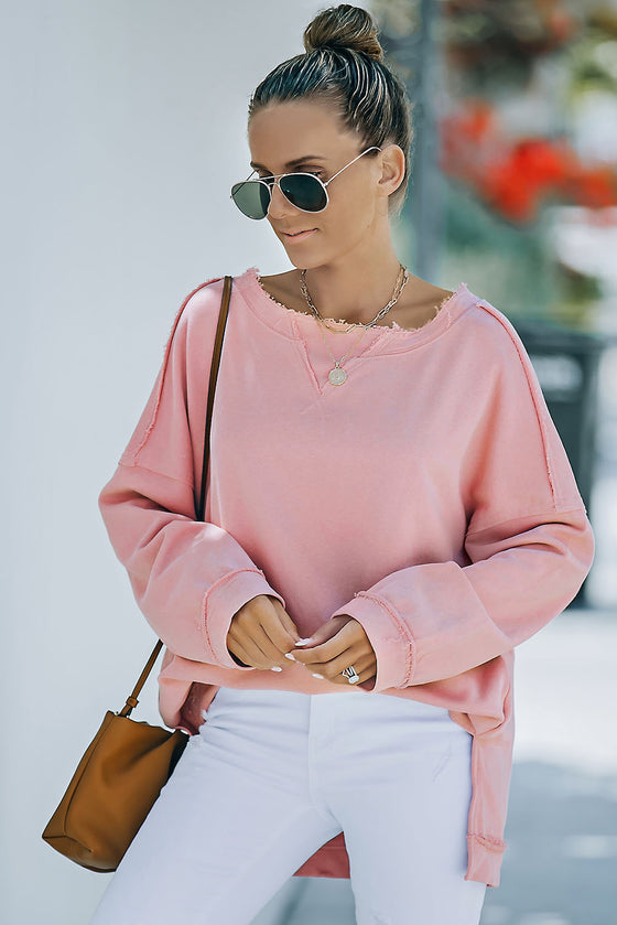 Pink Casual Frayed Trim Side Slit Loose Sweatshirt