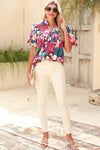 Rose Red Floral Print V Neck Lantern Sleeve Blouse