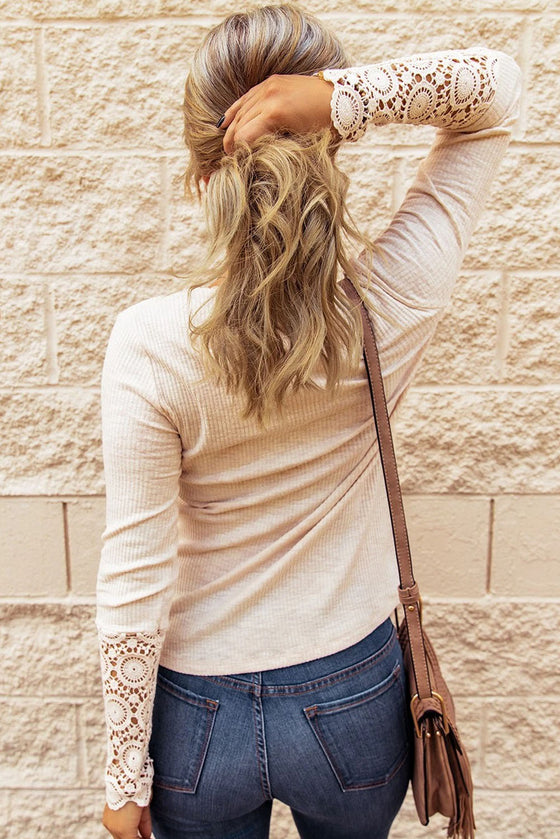 Beige Ribbed Lace Crochet Long Sleeve Shirt | Also Available in Black