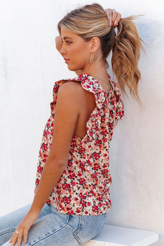 Red Floral Sleeveless Shirt