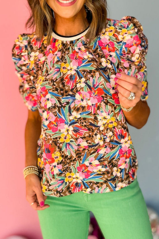 Brown Floral Puff Sleeve Blouse