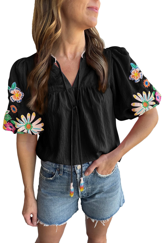 Black Floral Embroidered Puff Sleeve Blouse | Available in 3 Colors