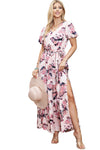 Pink Floral Print Wrap Puff Sleeve Dress