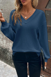 Indigo Textured V Neck Drop Sleeve Split Top