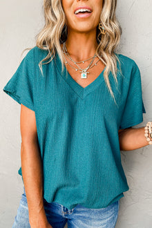  Blue Plain Crinkled V Neck T Shirt | Available in 6 Colors