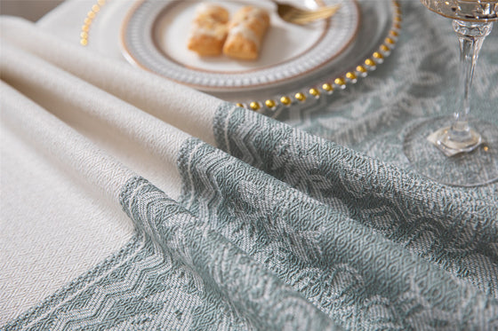 Jacquard Vintage Tassel Tablecloth in Ivory and Sage Green