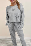 Black Stars Print Long Sleeve Top and Drawstring Pants Set | Available in Gray