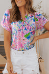 Pink Abstract Floral Print Split V Neck Top