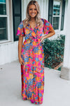 Rose Boho Abstract Print Wrap V Neck Short Sleeve Maxi Dress