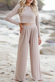  Nude Plain Crop Top & Wide Leg Pants Two Piece Pants Set