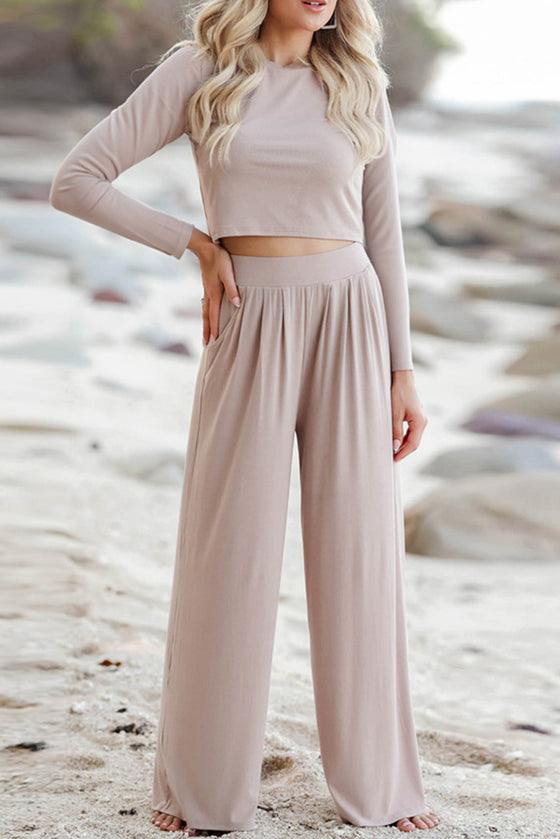 Nude Plain Crop Top & Wide Leg Pants Two Piece Pants Set