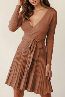  Belted Wrap V Neck Ribbed Pleated Sweater Dress in Gray or Brown