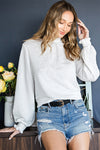 White Smocked Casual Textured Bishop Sleeve Blouse