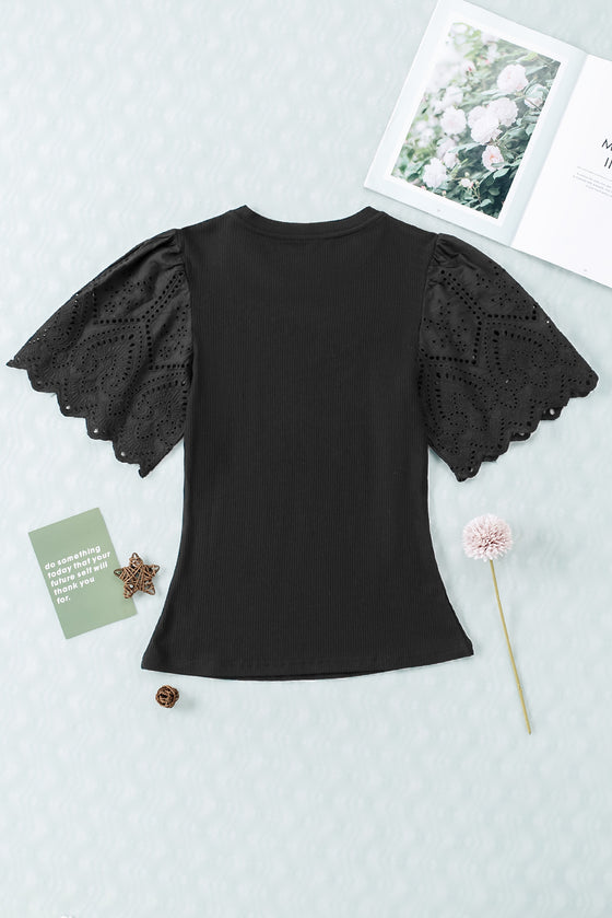 Black Eyelet Flutter Sleeve Crew Neck Ribbed Knit Top