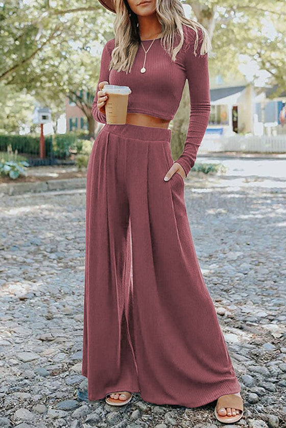 Black Plain Ribbed Crop Top & Wide Leg Pants Two Piece Pants Set | 3 Colors Available