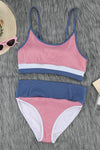 Pink Colorblock Spaghetti Straps Ribbed High Waist Bikini Swimsuit