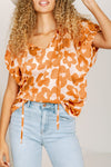 Orange Satin Retro Floral V-Neck Blouse