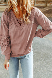  Pink Lace Waffle Knit Crisscross Straps V Neck Long Sleeve Top |Available in 2 Colors