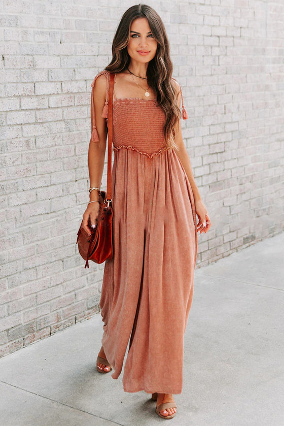 Orange Spaghetti Strap Shirred Wide Leg Jumpsuit