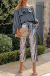 Silver High Waisted Drawstring Cropped Sequin Pants