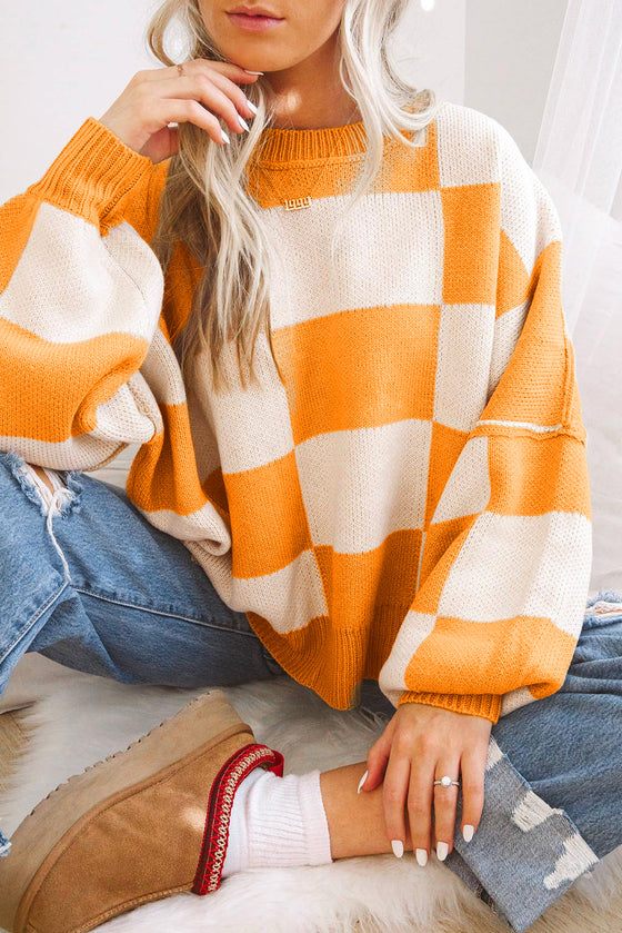 Pink Plaid Bishop Sleeve Pullover Sweater | Available in 3 Colors